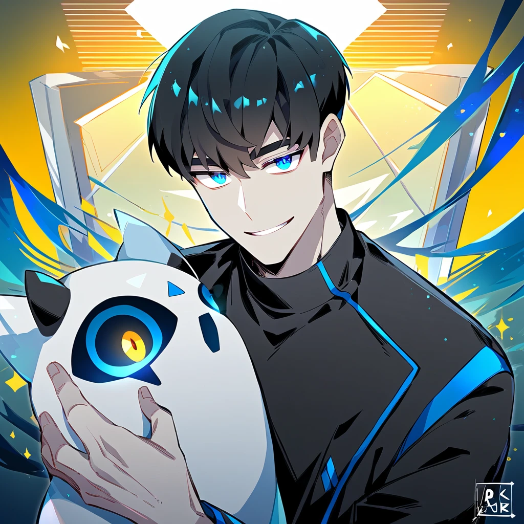 2 young men, focus man , Yaoi, pair,smile, (humanต่างดาว ,3 eyes, yellow eyes, The skin is gray, smooth and translucent. ),  (human,  black haired ,blue eyes  ,white skin) , sci-fi, The best aesthetics , best quality, Amazing quality, The best aesthetics ,The background is a laboratory., spaceship