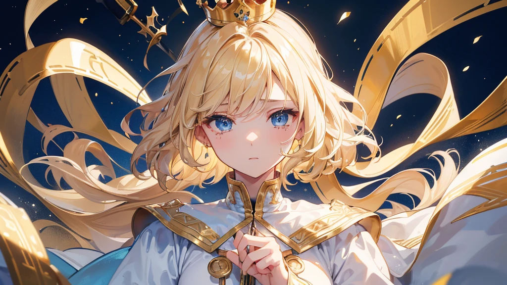 (Highest quality)　(4K)　(8k)　(High resolution)　(masterpiece:1.2)　(Super detailed)　One boy　short hair　Wizard　Blue Eyes　Long sleeve　Golden decoration　Hair between the eyes　White Dress　(Wavy golden hair)　Upper Body　(large crown)　(White Background)　profile　Face close-up　Are crying