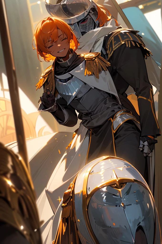 {masterpiece, distinct_image, extremely detailed CG, (extremely detailed fine touch:1.2),beautiful eyes and detailed face, (white_light, light rays, dappled light, ray tracing:1.2), photo realistic, 4k, 8k, high_resolution, (perfect_finger:1.5), (beautiful_detailed_eyes:1.3), glitter, white_light, (glow_black_face, front_light:1.3),{1boy, face_focus, looking for_in_viewer, cowboy_shot, standing},{adult,muscular, (knight uniform, epaulettes, black skin:1.7),(orange hair, dandy-cut, closed eyes, bangs:1.3), smiling face}