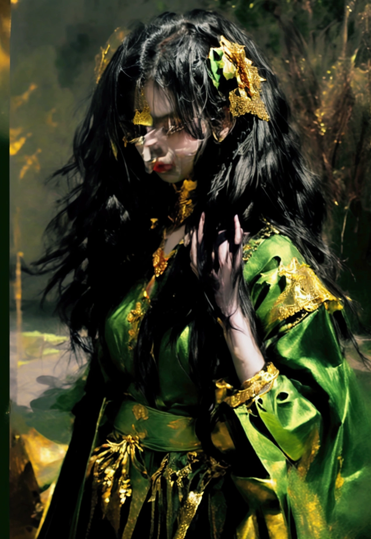 21 year old girl, black hair, long hair, posing elegantly while holding a camera dslr. He wore a green cloth with stylish gold decoration. The background shows a mountain view and lake and gives an aesthetic and simple impression