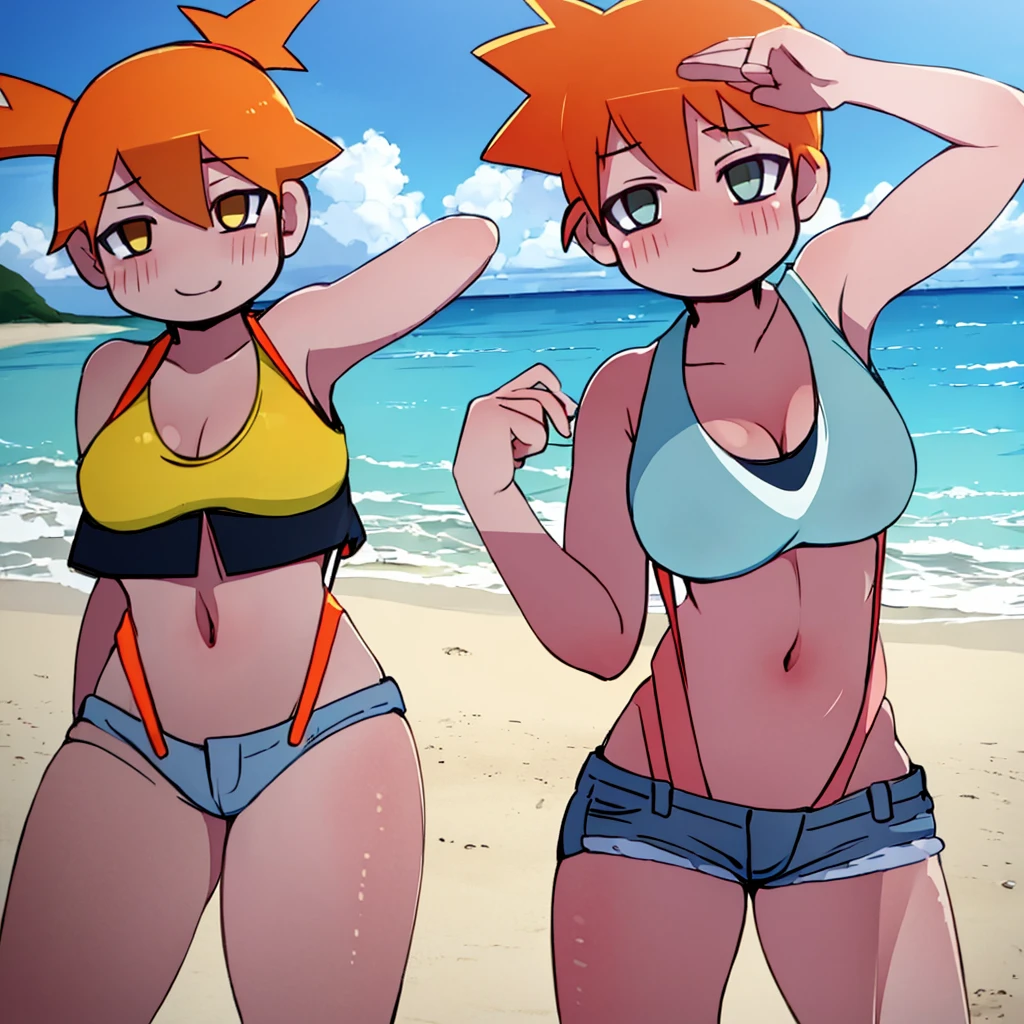 ((masterpiece,best quality)), absurdres, Misty_Pokemon, yellow crop top, suspenders, side ponytail, orange hair, denim shorts, solo, smiling, looking at viewer, cowboy shot, cinematic composition, contrapposto, tropical beach,