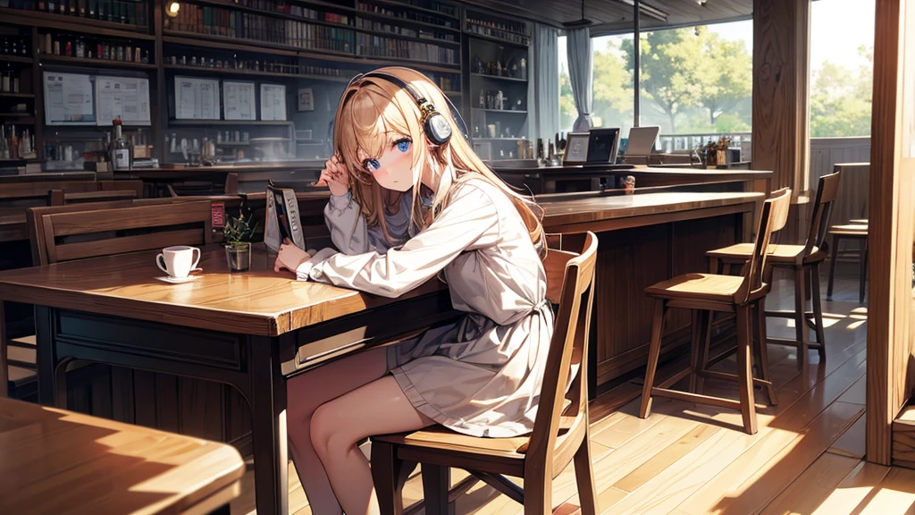 Pure girl、headphone、Cafe、reading、Wooden desk