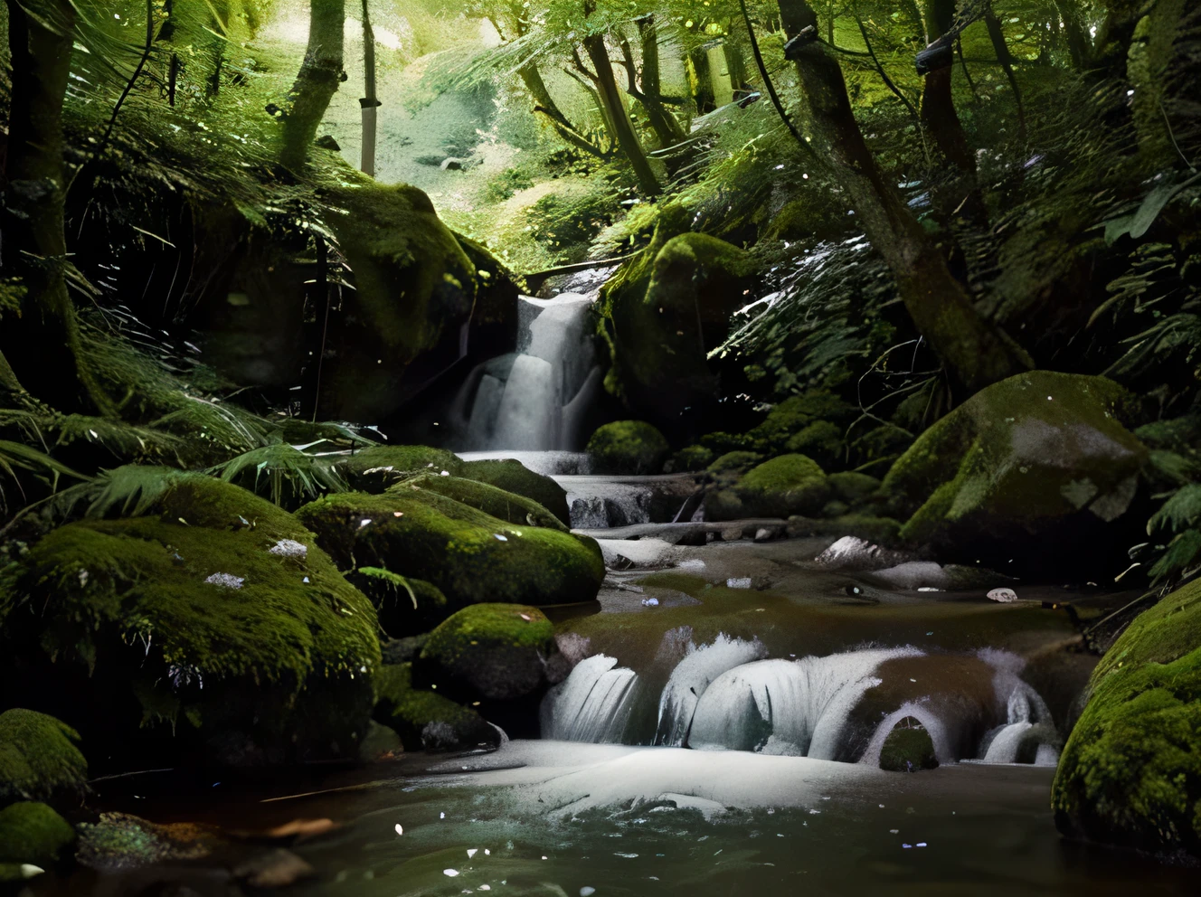 Generate an image of a tranquil forest stream with clear water flowing over moss-covered rocks, surrounded by lush green foliage. The scene should capture the serene and calming atmosphere of nature, with dappled sunlight filtering through the tree canopy above. i want a bright ambiance, make the focal point is following the golden mean grid