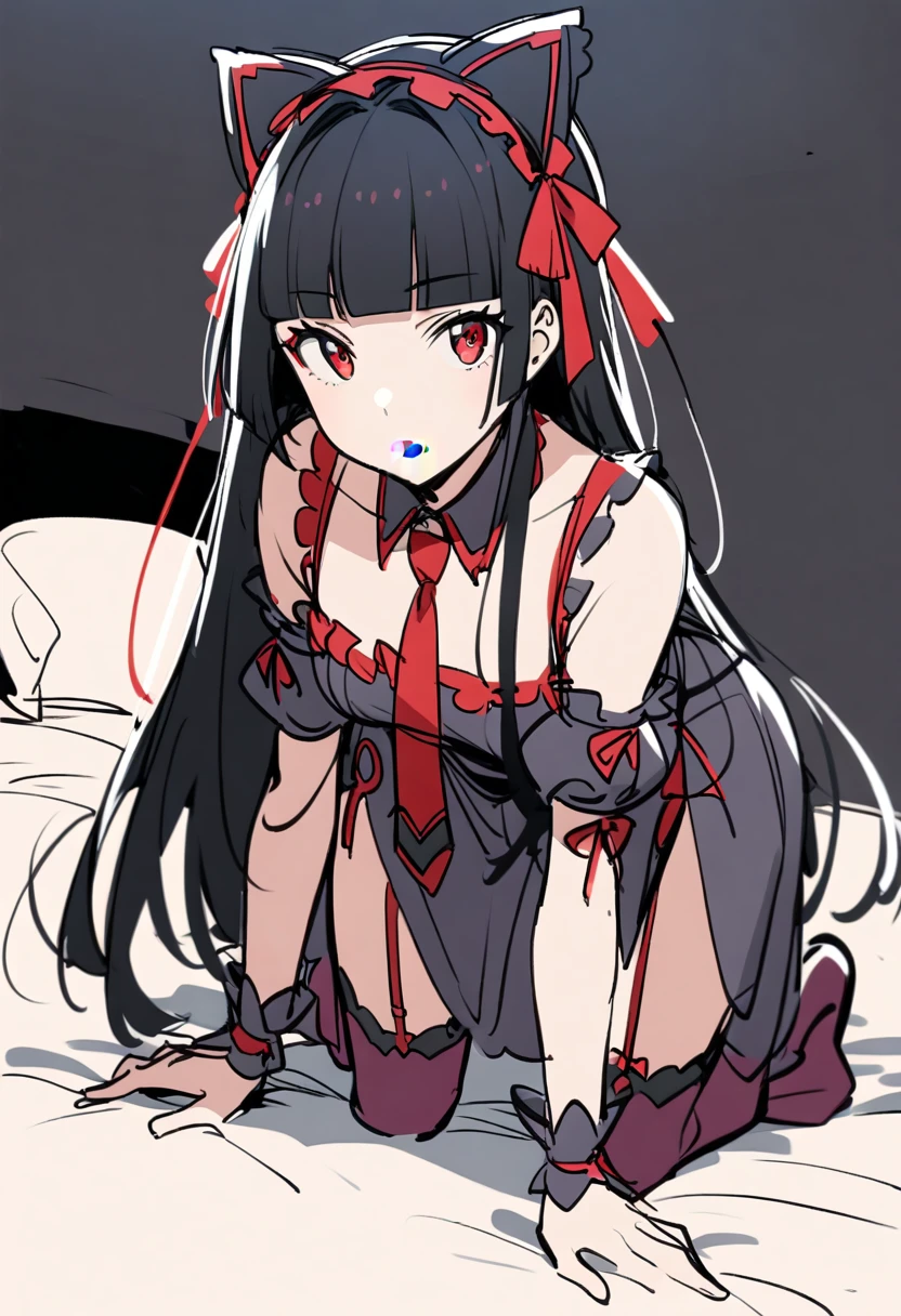 one-hour drawing challenge, sketch, lineart, rory mercury, long hair, black hair, (red eyes:1.3), bangs, blunt bangs, hime cut, medium breasts, lips, solo, thighhighs, bow, ribbon, hair ribbon, garter straps, dress, black dress, puffy sleeves, frills, detached sleeves, necktie, red necktie, lipstick, purple lipstick, on all fours, (looking at viewer), (front view), bed, night, full body,
