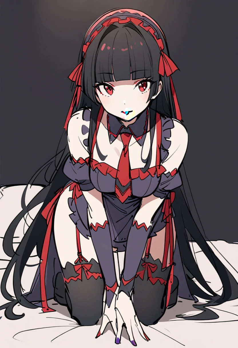 one-hour drawing challenge, sketch, lineart, rory mercury, long hair, black hair, (red eyes:1.3), bangs, blunt bangs, hime cut, medium breasts, lips, solo, thighhighs, bow, ribbon, hair ribbon, garter straps, dress, black dress, puffy sleeves, frills, detached sleeves, necktie, red necktie, lipstick, purple lipstick, on all fours, (looking at viewer), (front view), bed, night, full body,
