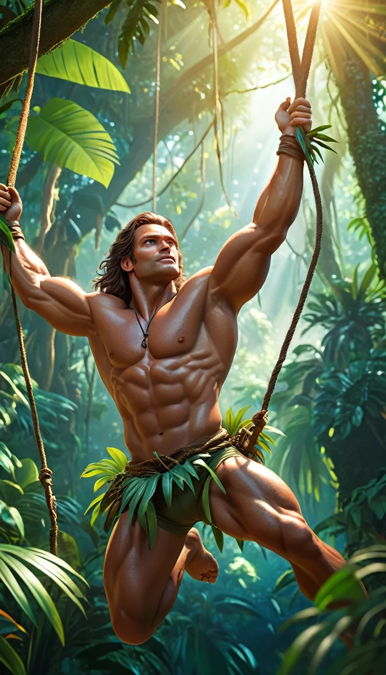 Tarzan swinging on liana between lush jungle trees,highly detailed face and muscular body,extremely detailed eyes and face,longeyelashes,jungle foliage,dense foliage,tropical plants,sunlight filtering through leaves,dynamic action pose,adventure in the wild,realistic colors,photorealistic,8k,detailed lighting,cinematic composition,dramatic lighting