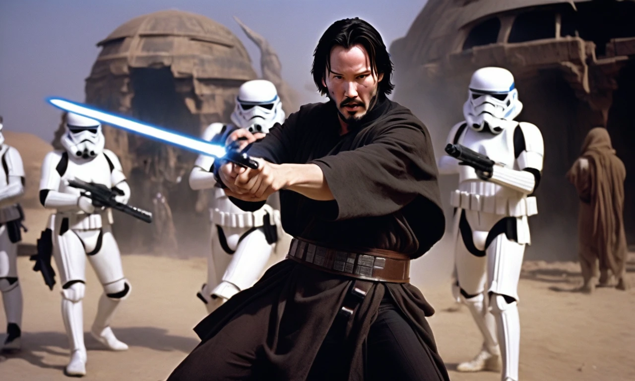 Keanu Reeves as a Jedi in Star Wars fighting stormtroopers with a dark saber, IMAX quality