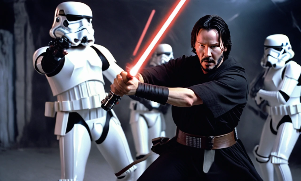 Keanu Reeves as a Jedi in Star Wars fighting stormtroopers with a dark saber, IMAX quality