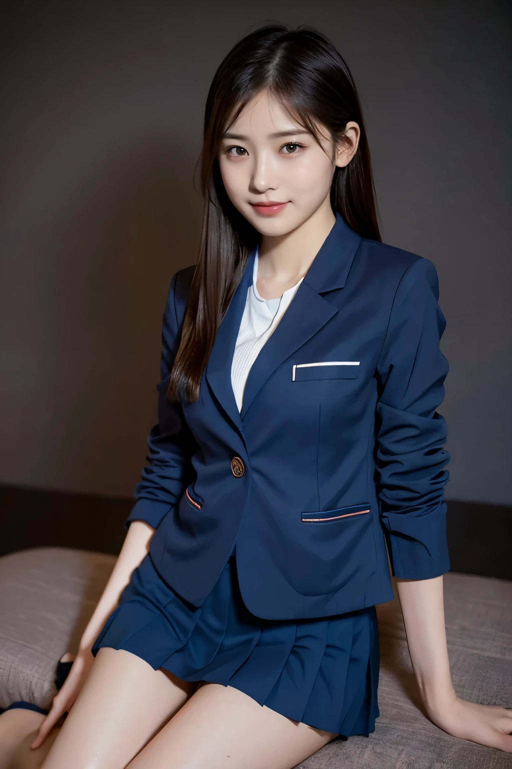 (8k), (highest quality: 1.2), (Realistic), (Realistic: 1.37), Ultra-high resolution, (1 girl), cute, blush,Embarrassed smile, Beautiful details, Beautiful Nose, silky straight Hair, Giant Dulcefo, pork, Thighs,Self Snap,University Uniforms,(A simple dark blue blazer:1.4),(Pleated skirt:1.2),(Sitting:1), (湖でボートに乗っている:1.2),(Hold my feet:1),(Shiny 太い legs:1.2),from the front,knees