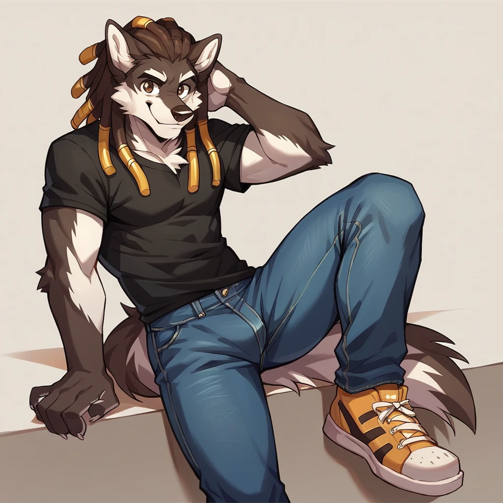 Score_9, score_8_up, mobian, male, solo, wolf, two tone fur(black fur, white fur), black shirt, jeans, high-top sneakers, two-tone hair (brown hair, black tip)), dreadlocks, jewelry, brown eyes, brown eyes, smile