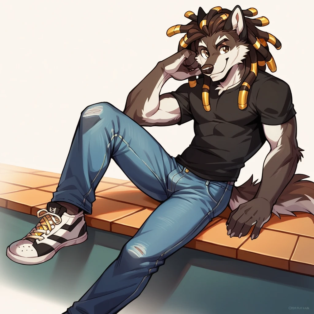 Score_9, score_8_up, mobian, male, solo, wolf, two tone fur(black fur, white fur), black shirt, jeans, high-top sneakers, two-tone hair (brown hair, black tip)), dreadlocks, jewelry, brown eyes, brown eyes, smile