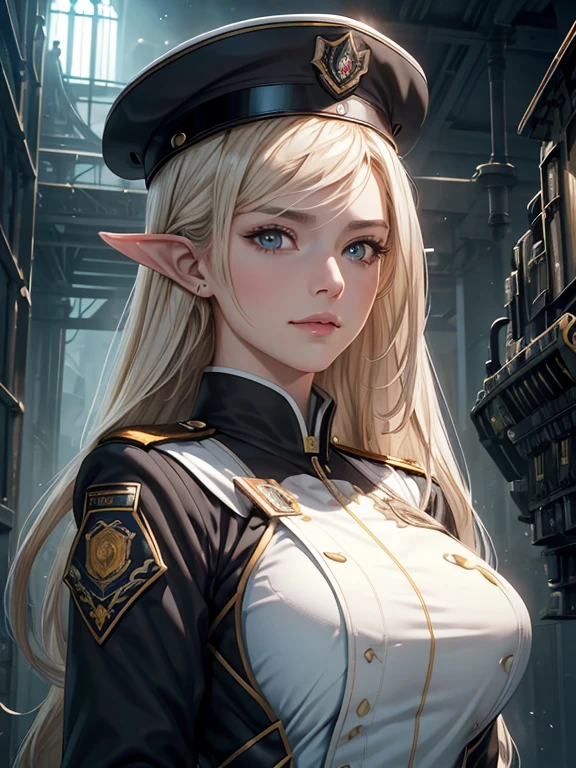 masterpiece, Highest quality, Highly detailed CG Unity 8K wallpapers,((Upper Body, 1 female)), ((Spacecraft Hangar)), (Long pointy ears), Elegant long wavy platinum blonde hair, Self-illuminating skin, ((Black military uniform on white, Long vertical hat, guard of honor: 1.2)), (White skin, A toned and slender body), ((carrying a long ceremonial rifle)), (blush), , (Captivating smile), (Very beautiful symmetrical face), fine grain, Key Art, Awards, intricate detail realism hdr, Photorealism, Hyperrealism, Ultra-realistic, Dramatic Light, Strong Shadows, Nice views, Written boundary depth