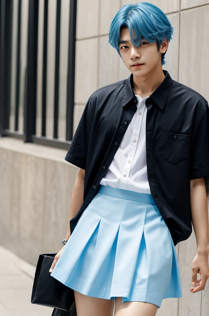 Taehyung in white skirt, blue hair and black shirt