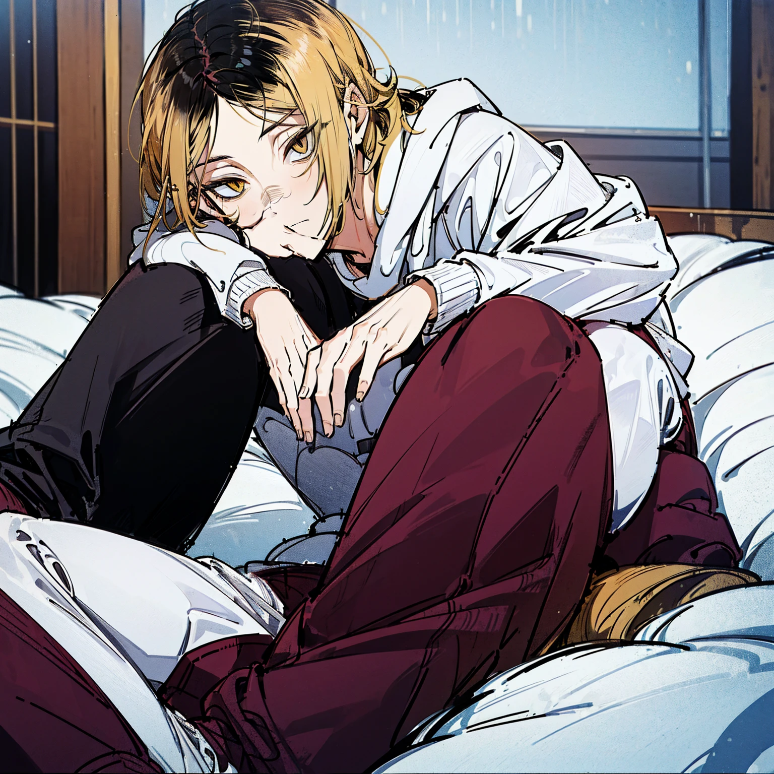 
(hutaodef:1.2),in with h ,white 背，
Kenma Kozume，Lazy，Dark circles，Comfort，laid back，Seated long sleeve sweatshirt，Wide leg pants，one person，Lying in bed，Lying position