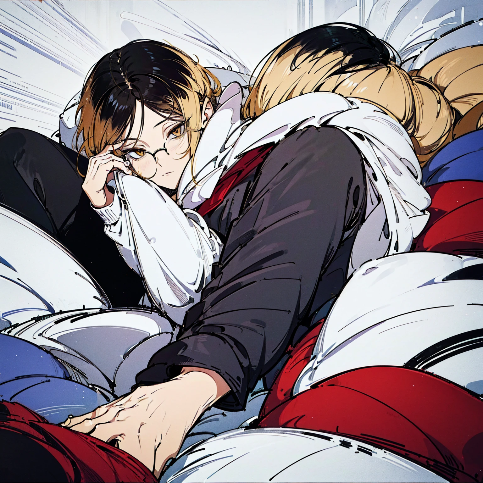 
(hutaodef:1.2),in with h ,white 背，
Kenma Kozume，Lazy，Dark circles，Comfort，laid back，Seated long sleeve sweatshirt，Wide leg pants，one person，Lying in bed，Lying position