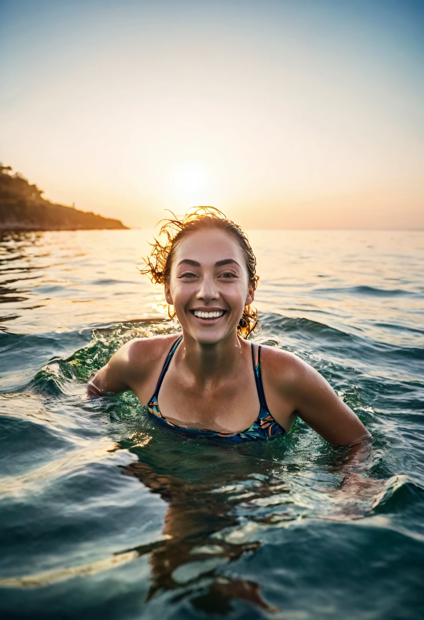Create a high-resolution, hyper-realistic photo of a person sea swimming at sunrise. Use soft, natural lighting to highlight the serene water and the swimmer's joyful expression, capturing the mental and physical benefits of sea swimming.