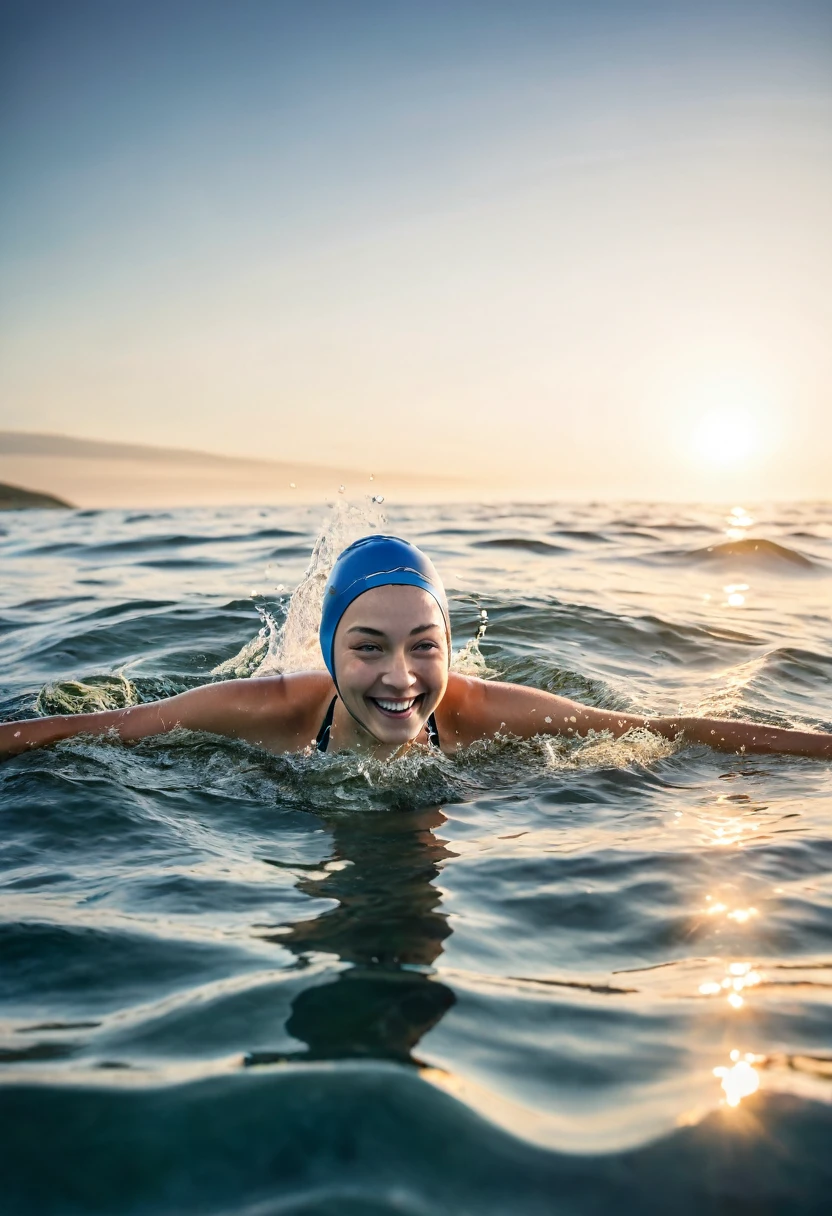 Create a high-resolution, hyper-realistic photo of a person sea swimming at sunrise. Use soft, natural lighting to highlight the serene water and the swimmer's joyful expression, capturing the mental and physical benefits of sea swimming.