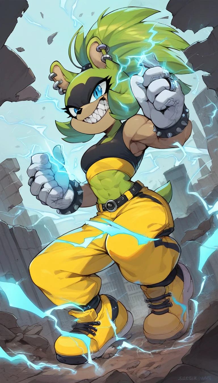 score_9, score_8_up, score_7_up,((best quality)), absurdres,((full body)),SurgePXL,blue eyes, furry,furry female, sharp teeth, animal nose, green hair, ponytail, animal ears, green skin,  spiked hair,gloves,white gloves,crop top, black crop top,yellow pants,earrings, piercing, yellow footwear, belt, ear piercing, rings,[[muscle]], slim,solo,face paint, action pose, grin,city, debris,electricity, blue electricity,half-closed eyes