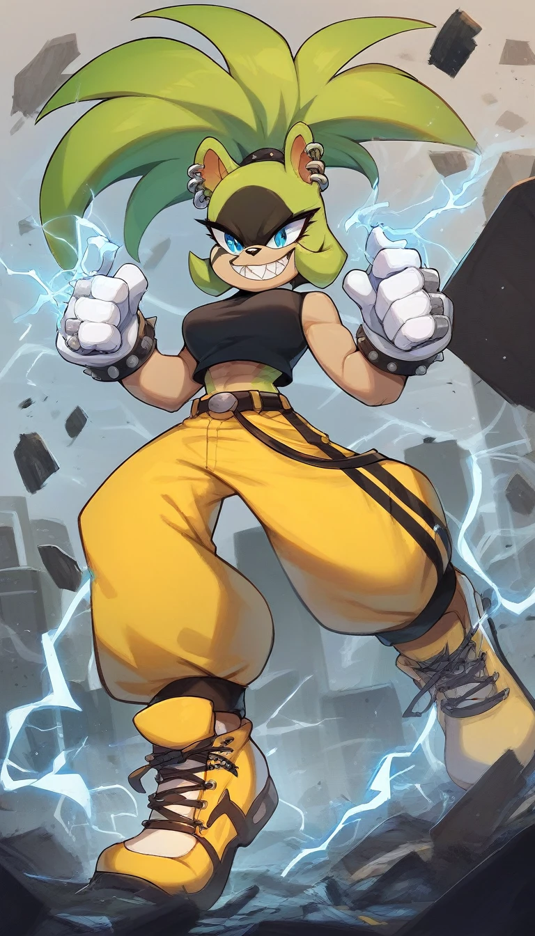 score_9, score_8_up, score_7_up,((best quality)), absurdres,((full body)),SurgePXL,blue eyes, furry,furry female, sharp teeth, animal nose, green hair, ponytail, animal ears, green skin,  spiked hair,gloves,white gloves,crop top, black crop top,yellow pants,earrings, piercing, yellow footwear, belt, ear piercing, rings,[[muscle]], slim,solo,face paint, action pose, grin,city, debris,electricity, blue electricity,half-closed eyes