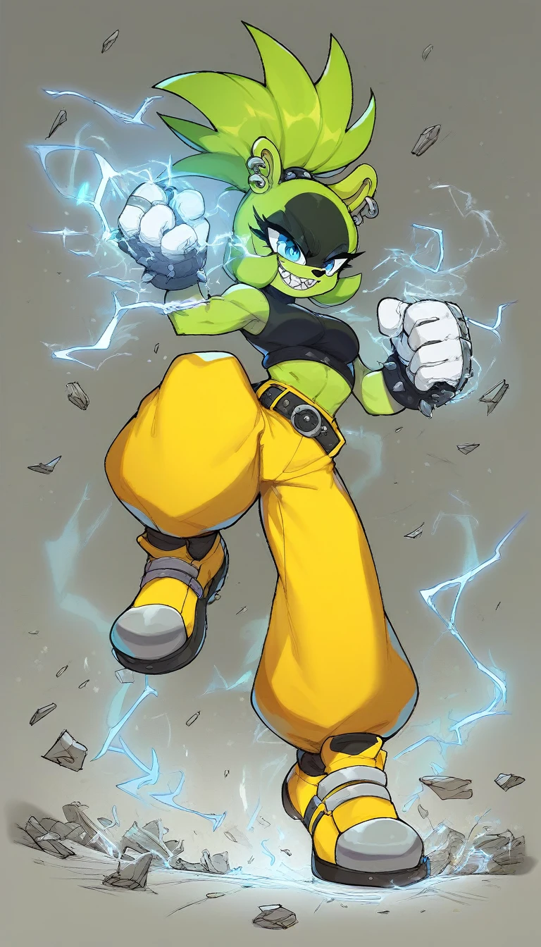 score_9, score_8_up, score_7_up,((best quality)), absurdres,((full body)),SurgePXL,blue eyes, furry,furry female, sharp teeth, animal nose, green hair, ponytail, animal ears, green skin,  spiked hair,gloves,white gloves,crop top, black crop top,yellow pants,earrings, piercing, yellow footwear, belt, ear piercing, rings,[[muscle]], slim,solo,face paint, action pose, grin,city, debris,electricity, blue electricity,half-closed eyes