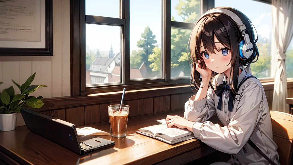 、headphone、Cafe、Reading、Wooden desk、Window