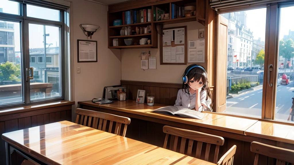 Pure girl、headphone、Cafe、Reading、Wooden desk、Window