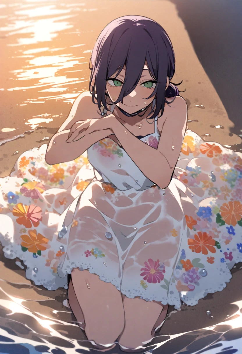 1girl, reze (chainsaw man), chainsaw man, warm colors, sunset beach, summer dress, flower pattern dress, sheer dress, masterpiece, best quality, absurdres, lying in the water,soaked full body, see through white bra,detailed decorated lingerie,see through white panties,water droplets on dress, playful pose, ocean foam, golden hour lighting, carefree atmosphere, beach sand, colorful sky
