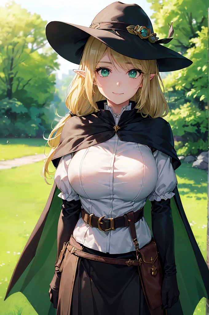 (((masterpiece; best quality: 1.2))), (finely detailed eyes: 1.3), (25 year old elf woman), (solo), (green eyes: 1.4), (body; big breasts, fit, femenine: 1.3), (silky blonde hair in low ponytail: 1.3), (beautiful and clear background: 1.2), ((depth of field)), (equipment: adventurer garb + modest + elegant wide-brim hat + dark blouse + dark cape + black long skirt + gloves + belt + pouches: 1.3), (anime illustration: 1.2), (background composition; royal garden: 1.1), (extremely fine and beautiful: 1.1), (shot composition; standing + centered on torso + close-up: 1.5), (expression; calm, smile: 1.2)