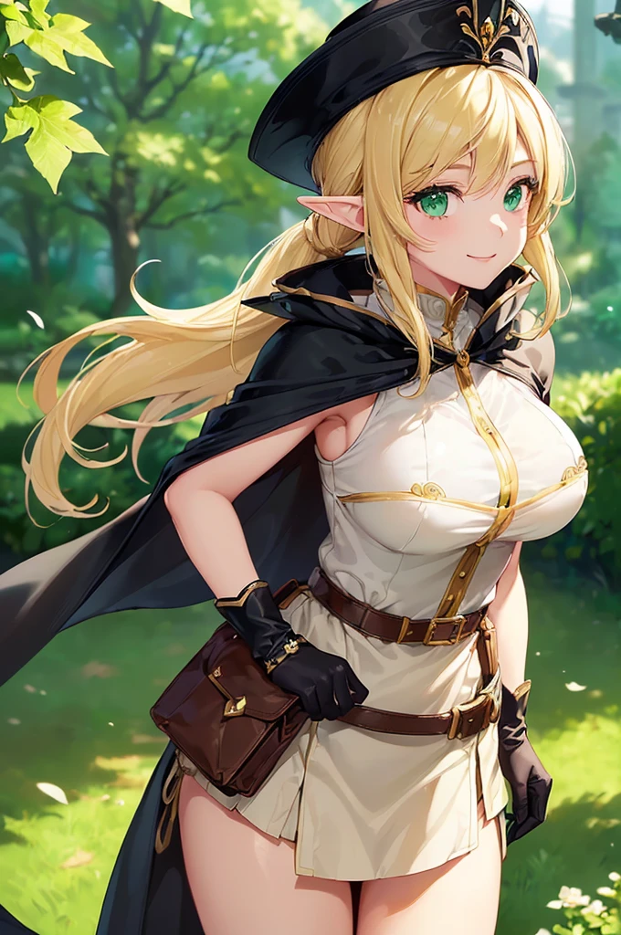 (((masterpiece; best quality: 1.2))), (finely detailed eyes: 1.3), (25 year old elf woman), (solo), (green eyes: 1.4), (body; big breasts, fit, femenine: 1.3), (silky blonde hair in low ponytail: 1.3), (beautiful and clear background: 1.2), ((depth of field)), (equipment: adventurer garb + modest + elegant wide-brim hat + dark blouse + dark cape + black long skirt + gloves + belt + pouches: 1.3), (anime illustration: 1.2), (background composition; royal garden: 1.1), (extremely fine and beautiful: 1.1), (shot composition; standing + centered on torso + close-up: 1.5), (expression; calm, smile: 1.2)