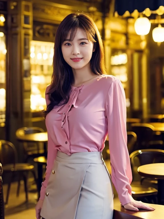 1 girl, (wearing a pink blouse:1.2), black short skirt, beautiful japanese actress, (RAW photo, highest quality), (realistic, Photoreal:1.4), masterpiece, very delicate and beautiful, very detailed, 2K wallpaper, wonderful, finely, Very detailed CG Unity 8K 壁紙, Super detailed, High resolution, soft light, beautiful detailed girl, very detailed目と顔, smile, beautifully detailed nose, beautiful and detailed eyes, Long hair, cinematic lighting, BREAK, (Against the backdrop of a outside the cafe terrace 1.3), city lights, perfect anatomy, slender body, smile, Body the front completely, (look at the camera), (waist shot), (emphasize big breasts), full body shot,