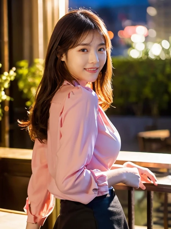 1 girl, (wearing a pink blouse:1.2), black short skirt, beautiful japanese actress, (RAW photo, highest quality), (realistic, Photoreal:1.4), masterpiece, very delicate and beautiful, very detailed, 2K wallpaper, wonderful, finely, Very detailed CG Unity 8K 壁紙, Super detailed, High resolution, soft light, beautiful detailed girl, very detailed目と顔, smile, beautifully detailed nose, beautiful and detailed eyes, Long hair, cinematic lighting, BREAK, (Against the backdrop of a outside the cafe terrace 1.3), city lights, perfect anatomy, slender body, smile, Body the front completely, (look at the camera), (waist shot), (emphasize big breasts), full body shot,