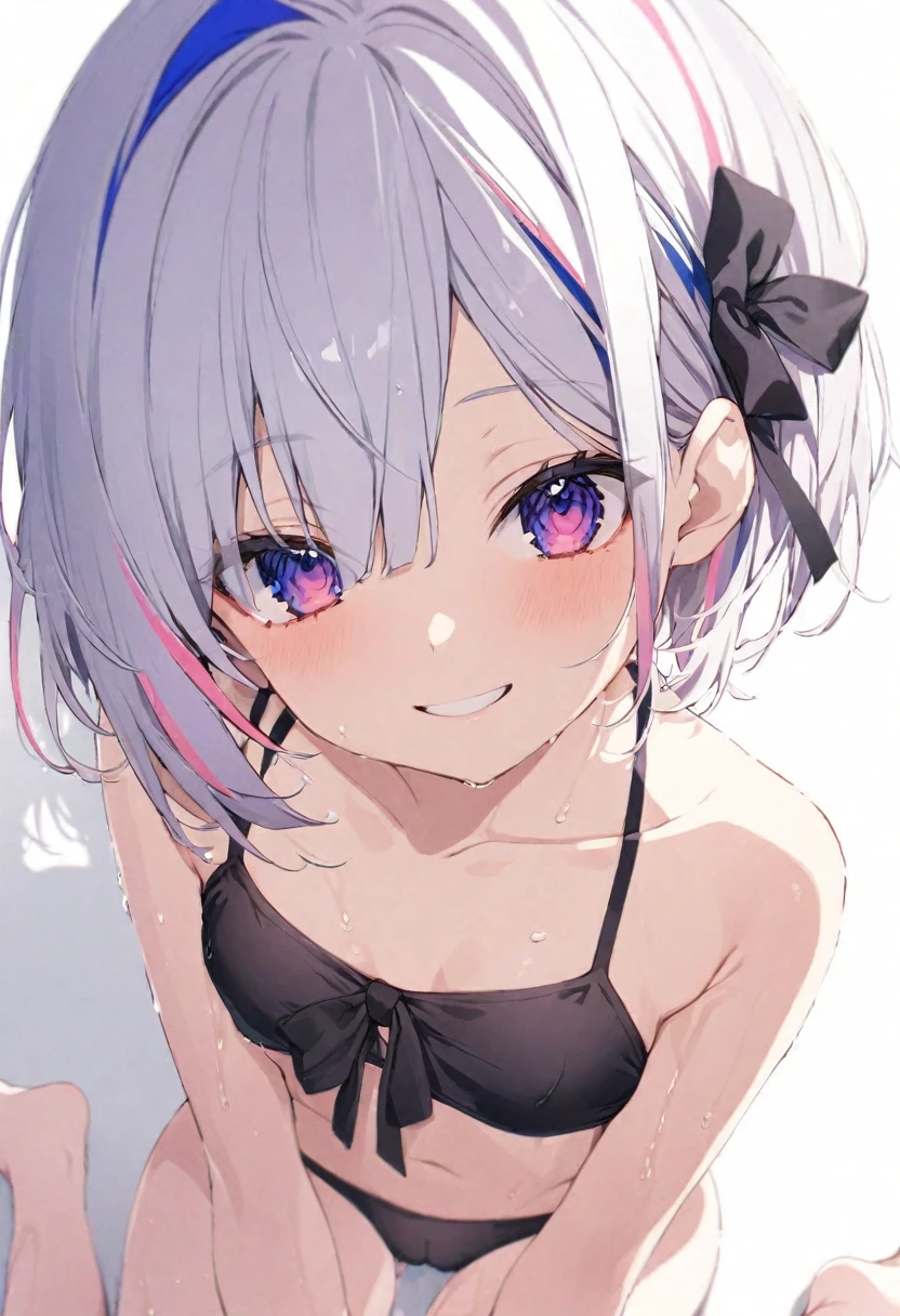(muste piece), (best quality), (score_9, score_8_up, score_7_up), very detailed eyes, expressive eyes, perfect face, very detailed face, highly detailed face, beautiful girl, 8K, beautiful girl, white background, delicate and beautiful face and eyes, dark intense shadow,
1 girl, vtuber style, cool girl, hololive, amane kanata, streaked hair, short hair, mini bikini, front-tie bikini top, soaked T-shirt, small chest, rib cage, cropped shoulders, clavicle, cameltoe, wet body, wet hair, one eye close winking, smile, body visible through clothes, chest visible through clothes, ass visible through thighs, (full body), barefoot, naked thighs, sitting, open legs wide,
