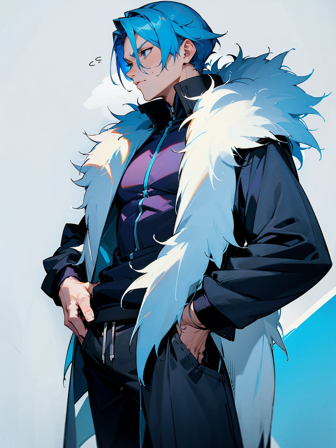 1male, adult, sky blue hair, Vergil hair, fur coat, black sweatpants, tired expression, lean build, hands in pocket