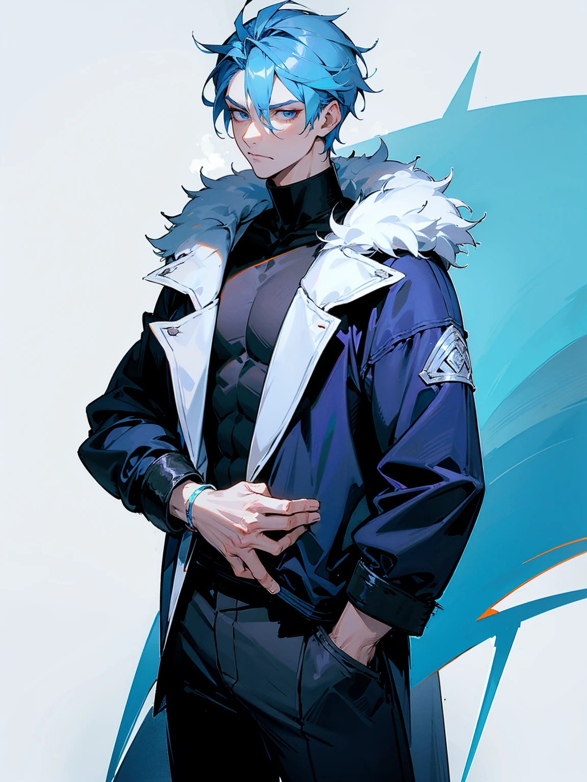 1male, adult, sky blue hair, Vergil hair, fur coat, black sweatpants, tired expression, lean build, hands in pocket