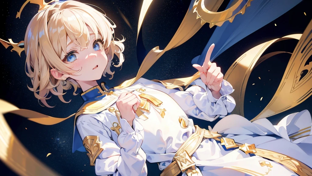 (Highest quality)　(4K)　(8k)　(High resolution)　(masterpiece:1.2)　(Super detailed)　One boy　short hair　Wizard　Blue Eyes　Long sleeve　Golden decoration　Hair between the eyes　White Dress　(Wavy golden hair)　Upper Body　(large crown)　(White Background)　profile　Face close-up　Are crying