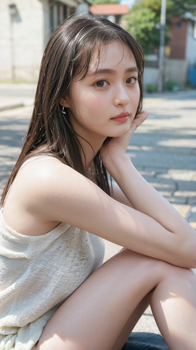 ((((detailed explanation)))),(((masterpiece、Highest quality、Very detailed:1.42、Focus on the eyes)))、Female in her late teens、Portraiture、Blurred cityscape at dusk、Silhouette of buildings and street lights Long dark brown hair、natural wavy curls、The wind is blowing softly、Hair falls down the side of the face、Skin is smooth、Healthy olive color、The tan lines are faintly visible、Natural redness on the cheeks、I have a few small laugh lines on my forehead.、Eyes with dark brown irises、The pupil is shining, Reflect light、Long curled eyelashes、Accentuate the eyes、Eyebrows are thin and trimmed、Natural Arch、Small Nose、straight、straight nose、lips are plump、soft pink lip gloss、Ultra-thin camisole、Barefoot and bare legs、A simple silver bracelet on her right wrist、A small diamond earring sparkles in her left ear...、The expression is calm、Be confident、smile、(((Emphasize the contrast between light and shadow)))、Realistic textures and facial details