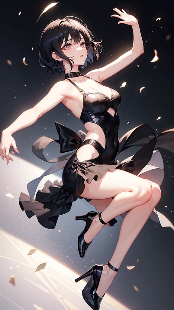 Short hair girl,Black hair,Dark high heels,Crying emoticon,Dance ballet
