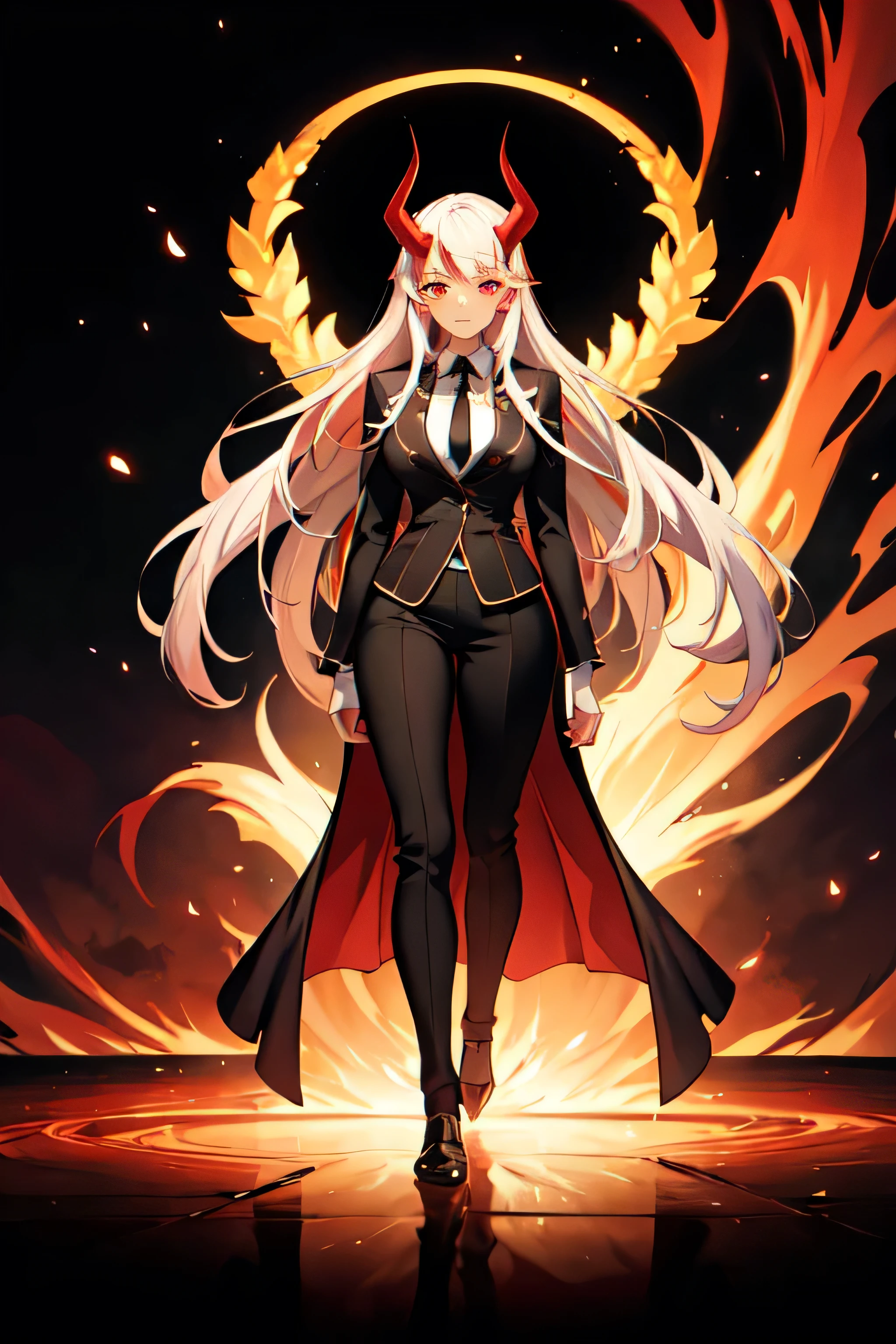 ((best quality)), ((masterpiece)), (detailed), anime depiction of a tall woman, beautiful, glowing red eyes, white hair with streaks of red, imposing, calm, god, fancy suit, long face, red horns, powerful, full body