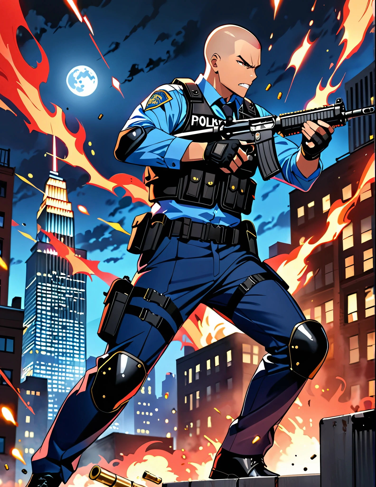 (masterpiece), (best quality), (high res), (solo, solo focus), 1male, male focus, mercenary, police officer, (red hair, short hair, buzz cut, bang), (brown eyes), (perfect hands, using gun, assault rifle, muzzle flash, shell casings from gun), matching fingerless black gloves, blue suit and pants, black necktie, black assault vest, black knee pads, black boots. dynamic action pose. new york backdrop, midnight, moon, rooftop, outdoors, standing, angry, clenched teeth, (his body surrounded by red aura). cowboy shot. full-body costume design.