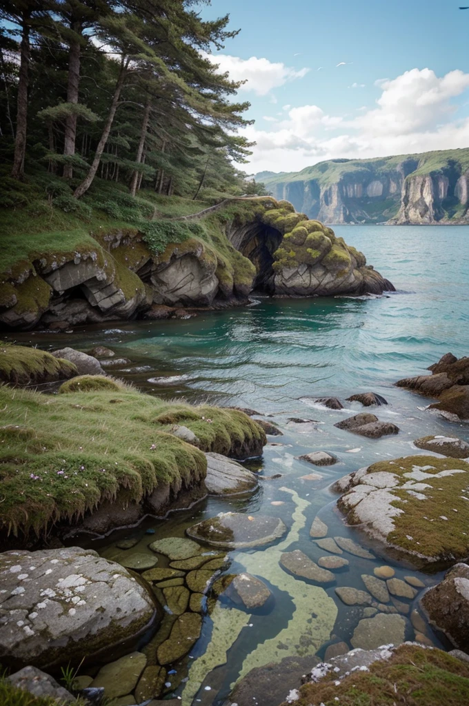 sea shore. On the horizon, rocks covered with grass and moss float in the air above the water, like in the movie Avatar