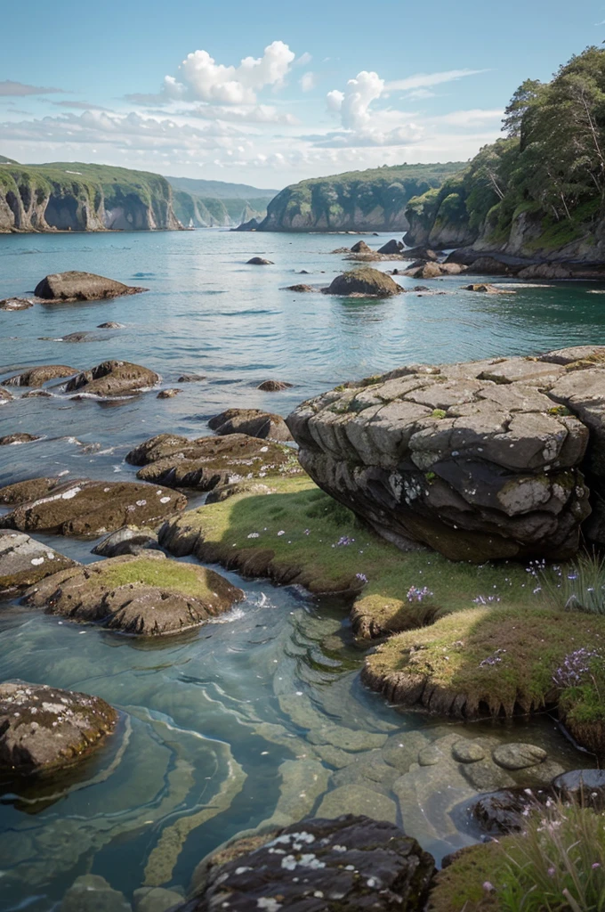 sea shore. On the horizon, rocks covered with grass and moss float in the air above the water, like in the movie Avatar