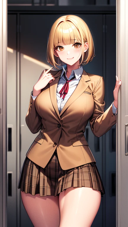 masterpiece, high quality, Detailed eyes, 
One girl, Hana Midorikawa, short hair, bangs, (Yellow Hair:1.0), (Brown eyes:1.0), blunt bangs,, (Mature Woman, Mature Woman:1.2), Large Breasts, (Volupture:1.2), Thick thighs, expensive, Long legs, Glowing Skin, Oily skin, Glowing Skin, smile, (Muscular:0.7), (Genital tattoo:1.0),
alone, View your viewers, Cowboy Shot, School, change room, locker, (Contrasting:1.2), (School uniform, Brown jacket neck ribbon, Collared shirt, Checkered short skirt:1.2), Knee socks,  necklace, choker, Thigh straps,  cleft of venus,  Camel Toe,