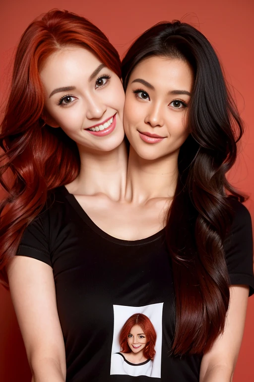 best resolution, 2heads,  half-body shot, conjoined, dicephalus, two japanese woman with two heads ,  red hair, black hair, different faces, kissing, t-shirt,  indoor background