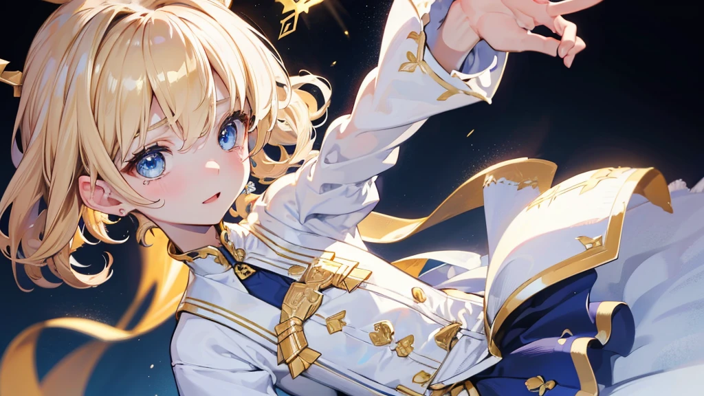 (Highest quality) (4K) (8k) (High resolution) (masterpiece:1.2) (Super detailed) One boy short hair Wizard Blue Eyes Long sleeve Golden decoration Hair between the eyes White Dress (Wavy golden hair) Upper Body (large crown) (White Background) profile Face close-up Are crying