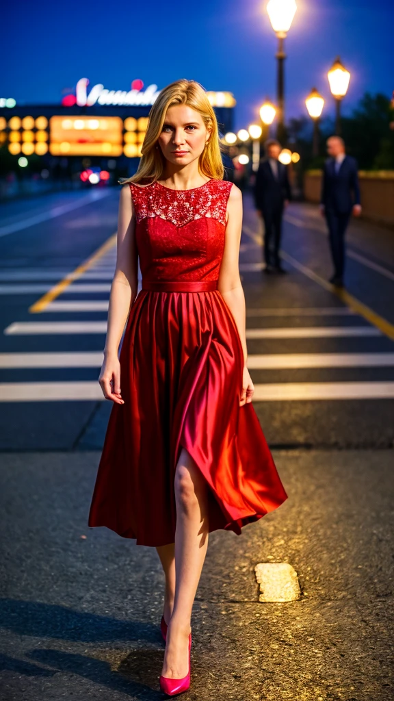 color photography of 40 years old (Polish woman:1.3), elegant, (in city promenade:1.3), at night, flat lighting, (soft saturation:1.2), analog style,