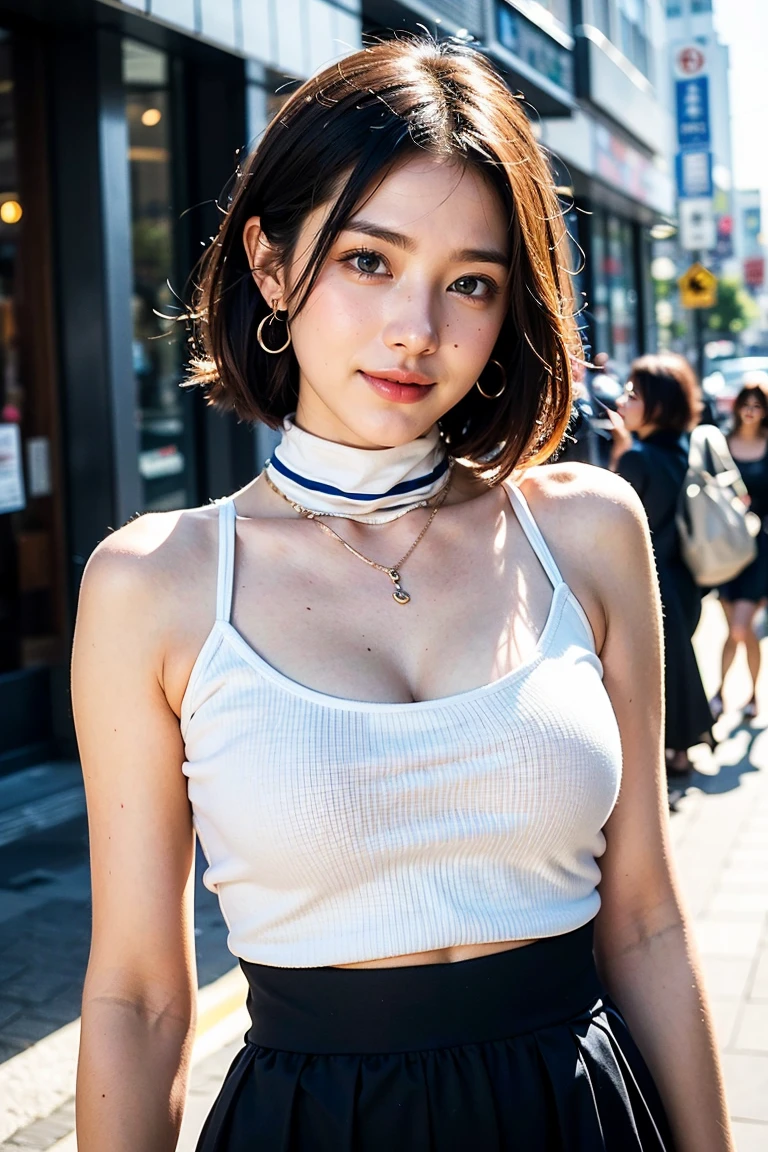 Height: 170cm, 30 years old、Pale face and eyes:1.3、Very thin face and eyes:1.3, (blown eyes:1.5)、{highest quality}, {{masterpiece}}, {very delicate and beautiful}, outstanding light and shadow, highly detailed wallpaper, clear and bright sunlight, 1 girl, , blush, short bob hair, (Hemp blend sleeveless turtleneck, high-waisted Tencel lyocell midi skirt with side slit、スーパーモデルの脚、ローヒール), delicate hair, (realistic skin texture:1.3), saggy breasts, cleavage、or wrinkles on the skin are noticeable., B cup, broad shoulders, ((ダイナミックなモデルポージング)), necklace、ring、earrings、smile、Shibuya city background:1.5