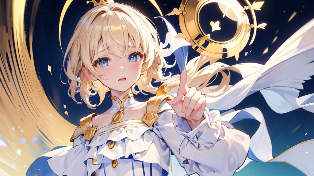 (Highest quality)　(4K)　(8k)　(High resolution)　(masterpiece:1.2)　(Super detailed)　One boy　short hair　Wizard　Blue Eyes　Long sleeve　Golden decoration　Hair between the eyes　White Dress　(Wavy golden hair)　Upper Body　(large crown)　(White Background)　profile　Face close-up　(Are crying)