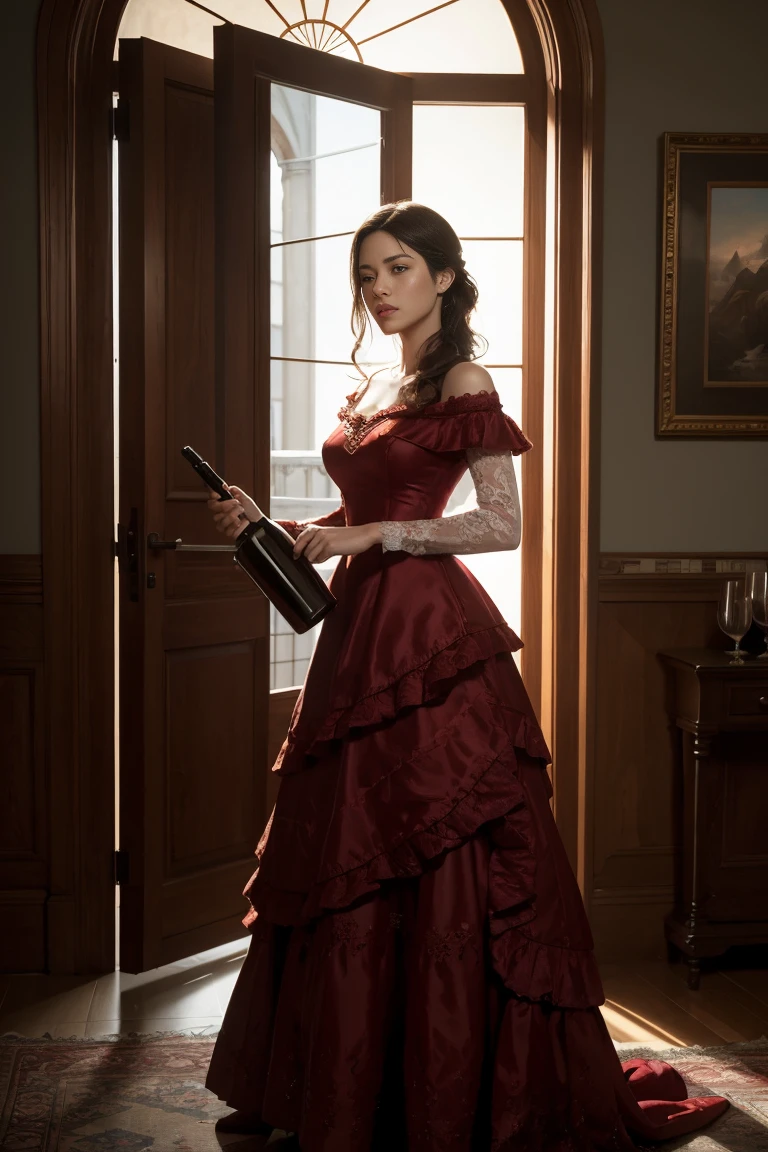 A sci-fi poster, A woman in a red dress with ruffles and lace, holding a glass of wine, standing in a room with a door and a window. Caucasian woman, highly detailed, extremely detailed, photorealistic, high detail, wallpaper award, winning hyper realistic, ultra detailed, high definition, crisp quality, Ultra realistic. RAW photo, high quality, detail, virtual photographer, photo mode, elegant, high detail, digital painting, concept art, HDR, CGI, by Jeremy Lipking, by Katsuhiro Otomo, by Raymond Swanland, by Antonio Manzanedo