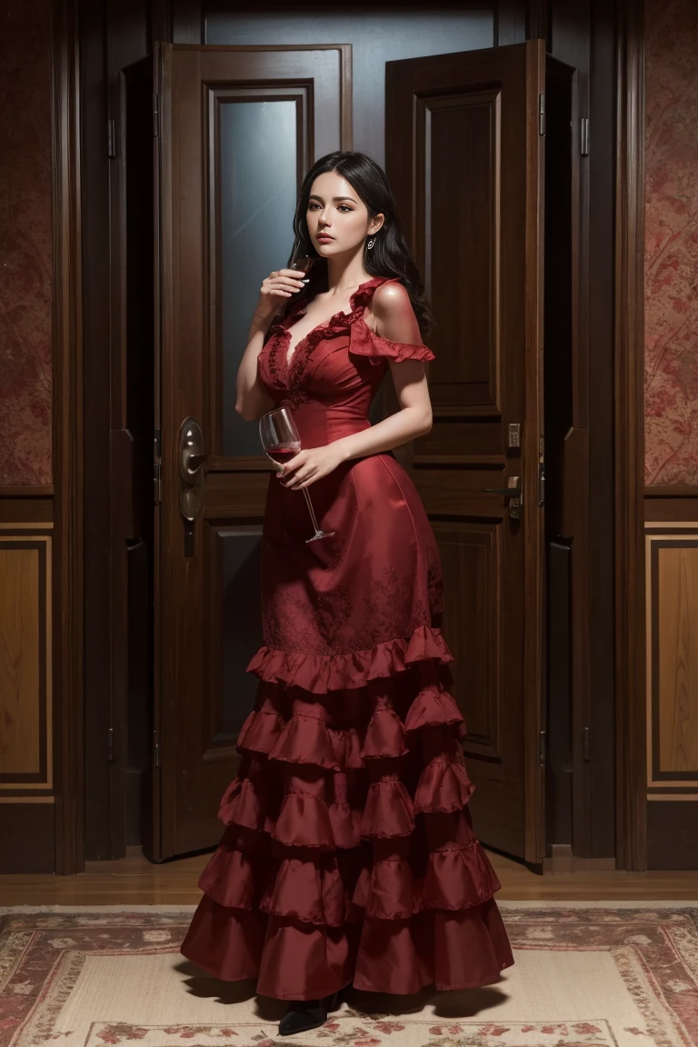 A sci-fi poster, A woman in a red dress with ruffles and lace, holding a glass of wine, standing in a room with a door and a window. Caucasian woman, highly detailed, extremely detailed, photorealistic, high detail, wallpaper award, winning hyper realistic, ultra detailed, high definition, crisp quality, Ultra realistic. RAW photo, high quality, detail, virtual photographer, photo mode, elegant, high detail, digital painting, concept art, HDR, CGI, by Jeremy Lipking, by Katsuhiro Otomo, by Raymond Swanland, by Antonio Manzanedo