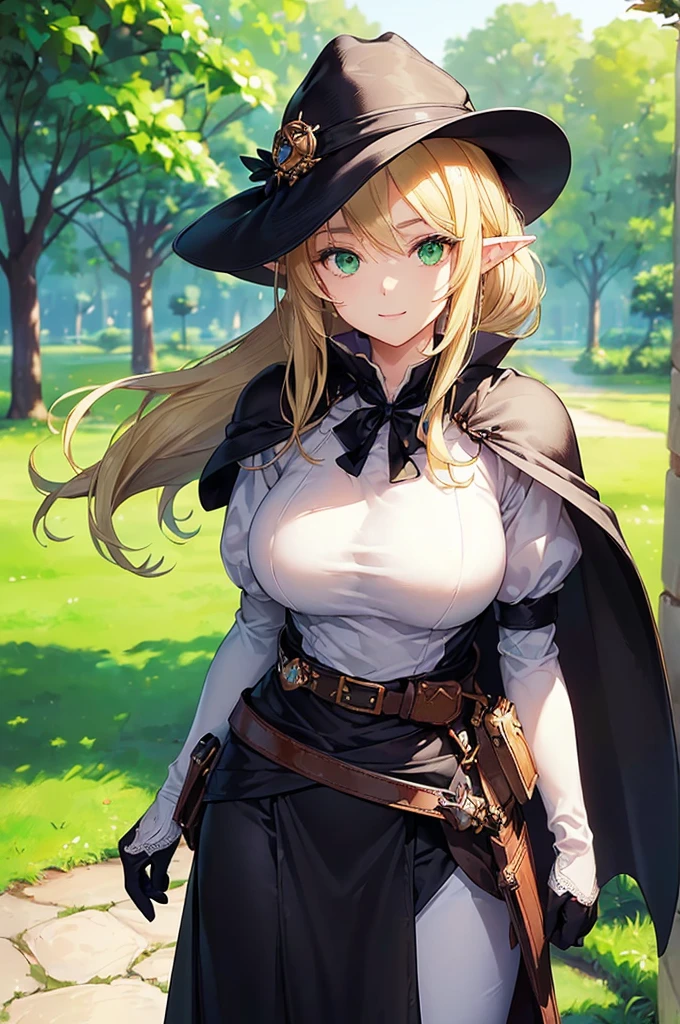 (((masterpiece; best quality: 1.2))), (finely detailed eyes: 1.3), (25 year old elf woman), (solo), (green eyes: 1.4), (body; big breasts, fit, femenine: 1.3), (silky blonde hair in low ponytail: 1.3), (beautiful and clear background: 1.2), ((depth of field)), (equipment: adventurer garb + modest + elegant wide-brim hat + dark blouse + dark cape + black long skirt + gloves + belt + pouches: 1.3), (anime illustration: 1.2), (background composition; royal garden: 1.1), (extremely fine and beautiful: 1.1), (shot composition; standing + centered on torso + close-up: 1.5), (expression; calm, smile: 1.2)